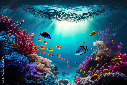 snorkeling excursion, underwater coral reef, coral lagoon, and underwater scenery. Generative AI