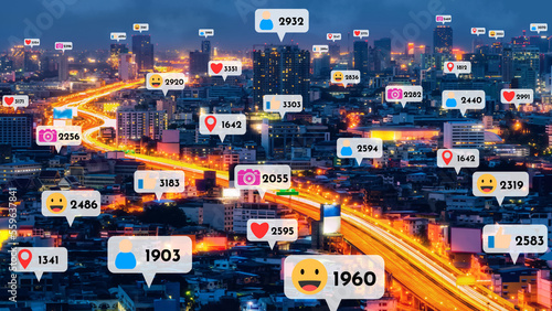 Fényképezés Social media icons fly over city downtown showing people reciprocity connection through social network application platform