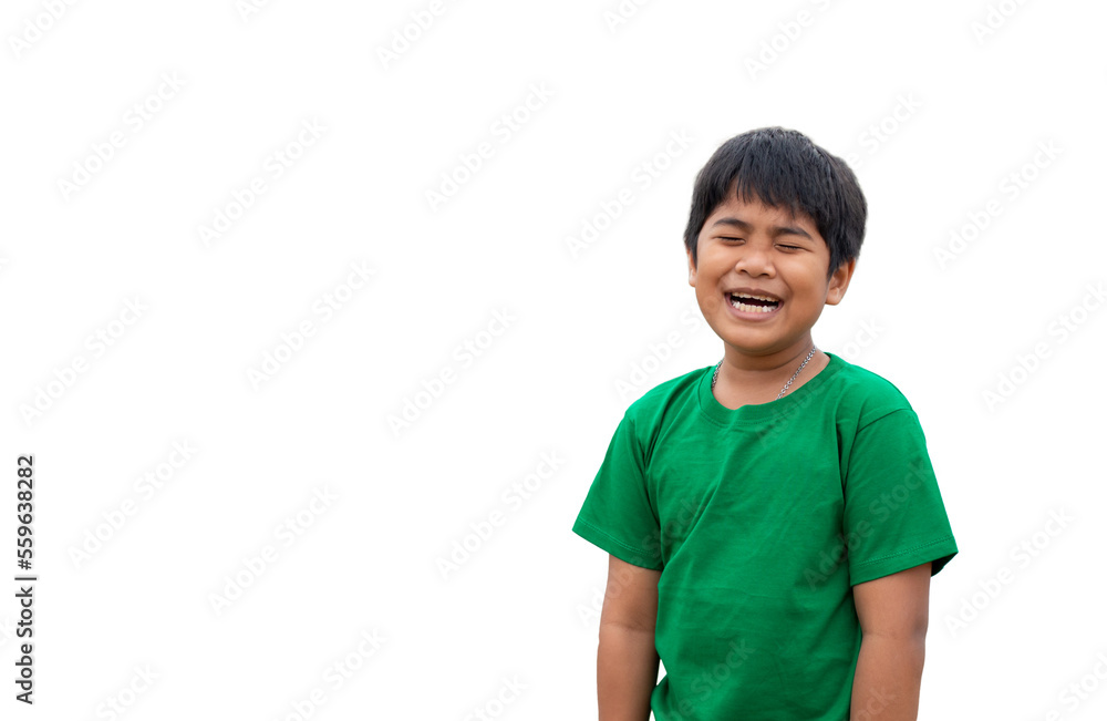 The boy wore a green shirt and stood smiling. on a white background The boy wore a green shirt and stood smiling. on a white background