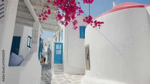 Whitewashed buildings with blue painted windows and doors, Chora, Mykonos, Greece photo