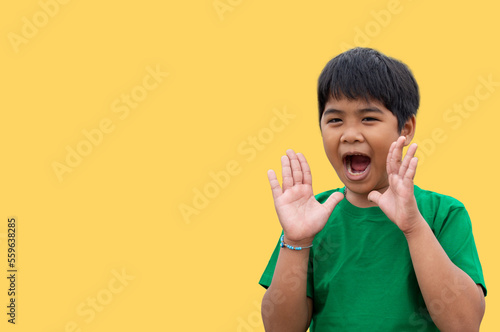 The boy wore a green shirt and stood smiling. on a yellow background