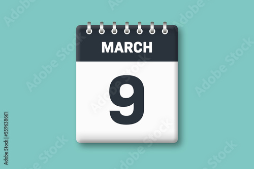 March 9 - Calender Date 9th of March on Cyan / Bluegreen Background