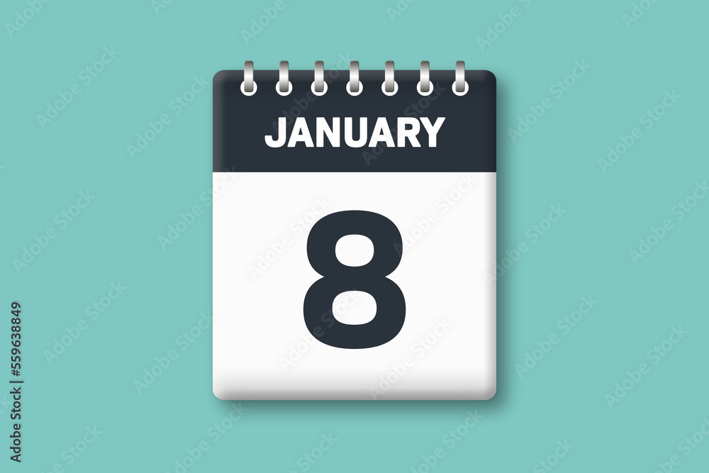 January 8 - Calender Date 8th of January on Cyan / Bluegreen Background January 8 - Calender Date 8th of January on Cyan / Bluegreen Background