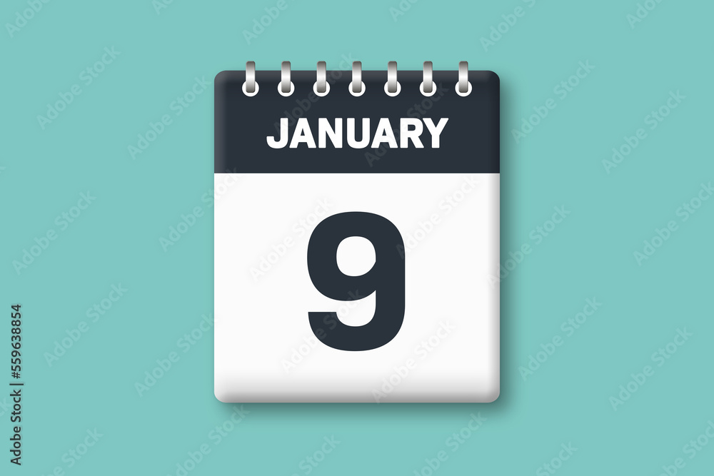 January 9 - Calender Date 9th of January on Cyan / Bluegreen Background January 9 - Calender Date 9th of January on Cyan / Bluegreen Background