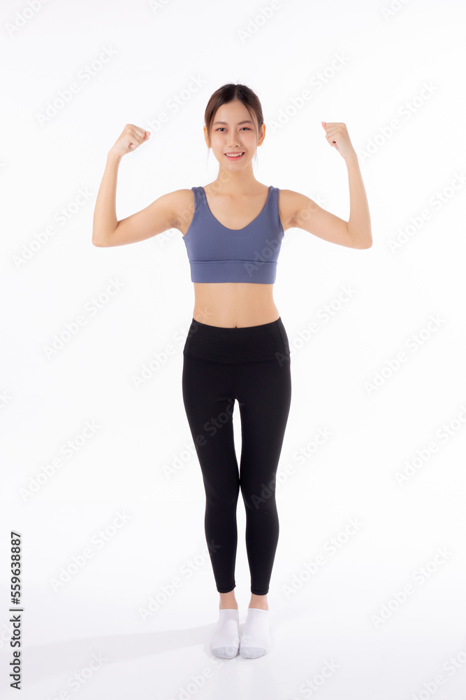 Portrait of beautiful young asian woman in sportwear showing strong muscles isolated on white background, sport and exercise for health, training and strength, female slimming with confident. Portrait of beautiful young asian woman in sportwear showing strong muscles isolated on white background, sport and exercise for health, training and strength, female slimming with confident.