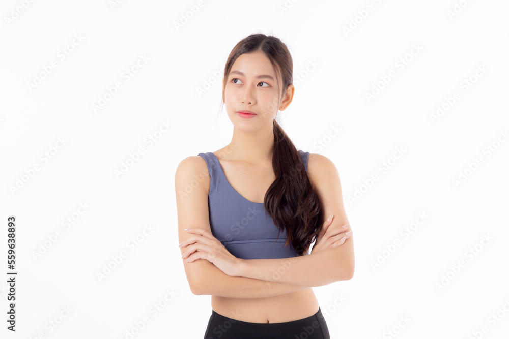 Portrait of beautiful young asian woman in sportwear smile and crossed arms isolated on white background, sport and exercise for health and weightloss, female and slimming with confident and wellness. Portrait of beautiful young asian woman in sportwear smile and crossed arms isolated on white background, sport and exercise for health and weightloss, female and slimming with confident and wellness.