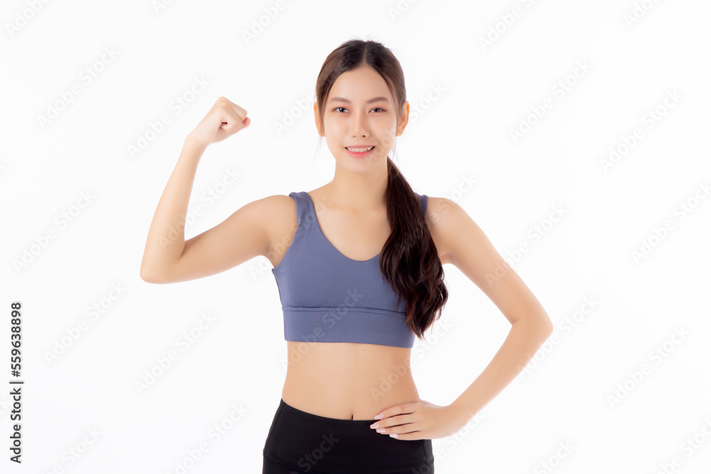 Portrait of beautiful young asian woman in sportwear showing strong muscles isolated on white background, sport and exercise for health, training and strength, female slimming with confident. Portrait of beautiful young asian woman in sportwear showing strong muscles isolated on white background, sport and exercise for health, training and strength, female slimming with confident.