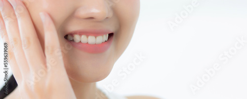 Closeup beautiful teeth of young asian woman with whitening, tooth and smile with fresh, dental and whitening, health and wellness, dentist and hygiene, expression with happy, mouth and lips.