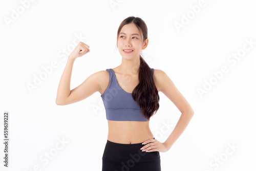 Portrait of beautiful young asian woman in sportwear showing strong muscles isolated on white background, sport and exercise for health, training and strength, female slimming with confident.