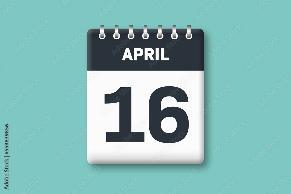 April 16 - Calender Date  16th of April on Cyan / Bluegreen Background