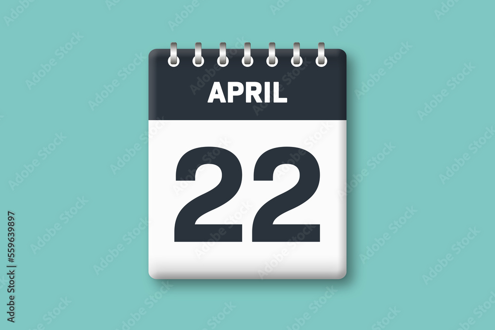 April 22 - Calender Date  22nd of April on Cyan / Bluegreen Background