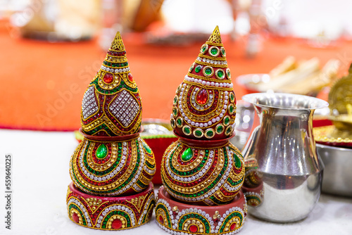 Indian Hindu wedding ceremony ritual items close up © Stella Kou