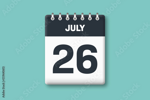 July 26 - Calender Date  26th of July on Cyan / Bluegreen Background photo