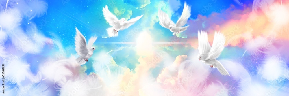 Obraz premium The flying four white doves around clouds stairs leading to shining heaven and the background of the clouds in beautiful nebula and stars