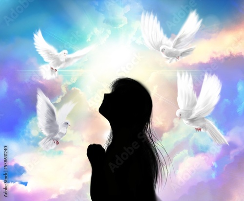 Mysterious illustration of a glowing heavenly background, a silhouette of a young woman praying, and a white dove flying around her.