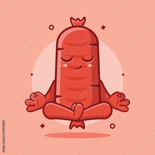 calm sausage food character with yoga meditation pose mascot isolated cartoon in flat style design