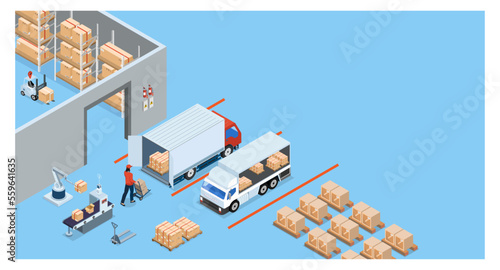 3D isometric Warehouse Logistic concept with Workers loading products on the trucks, Transportation operation service, Export, Import, forklift, pallets, cardboard boxes. Vector illustration EPS 10
