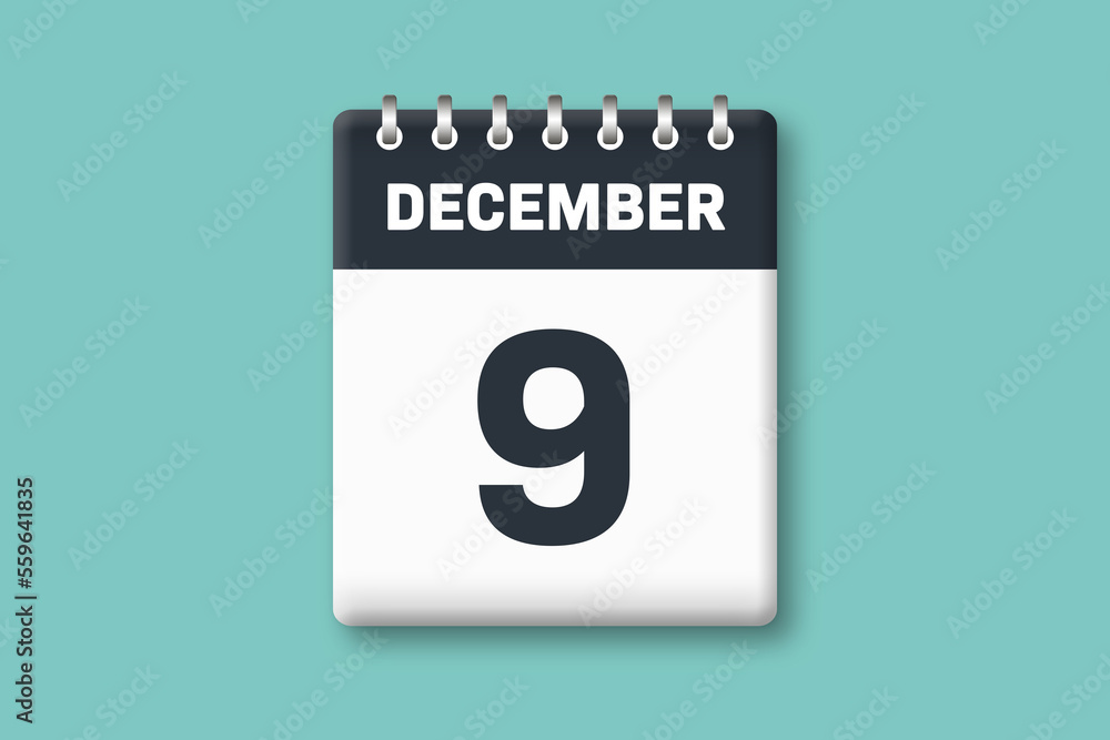 December 9 - Calender Date 9th of December on Cyan / Bluegreen Background December 9 - Calender Date 9th of December on Cyan / Bluegreen Background