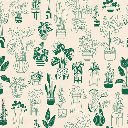 House potted plant, trendy seamless pattern. Exotic houseplants flowerpot endless wrapper. Botanical repeat print flower house indoor blooming plants in potted ceramic. Urban jungle doodle wallpaper