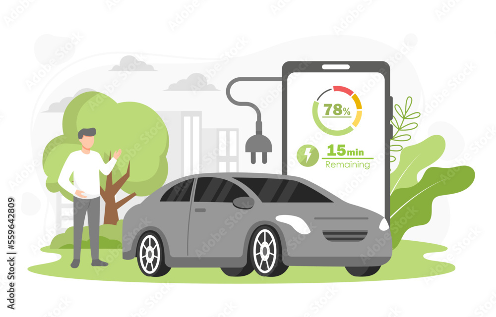Electric car charging station with person, solar energy, electric vehicle and city background, future innovative technology and alternative save energy concept. Vector illustration