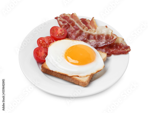 Plate with delicious fried egg, bacon and tomatoes isolated on white
