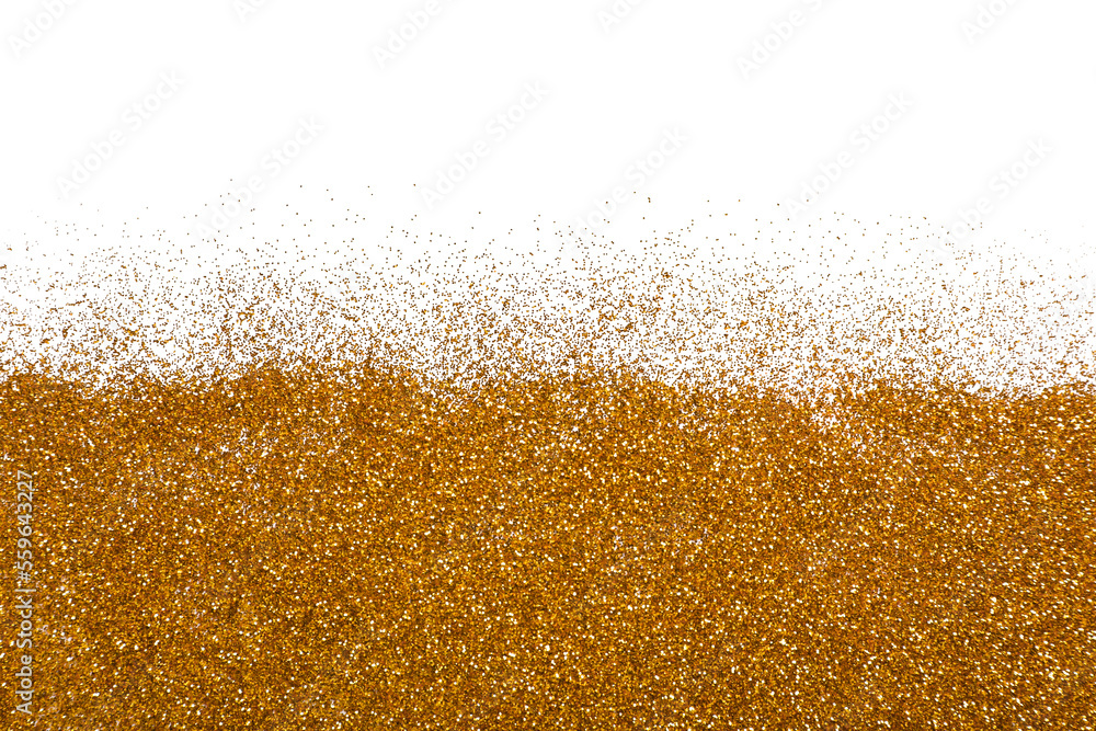 Shiny golden glitter on white background, top view