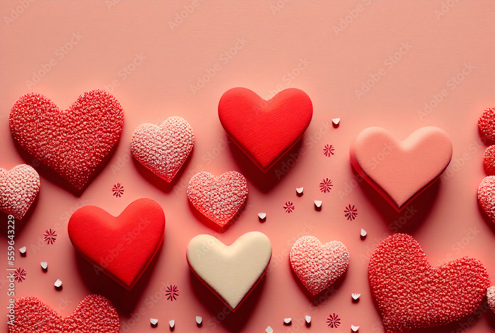 Festive valentines day concept with red paper cut elements on pink background.