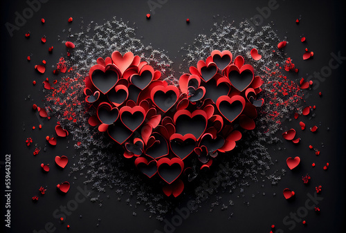 Festive valentines day concept with red paper cut elements on black background.