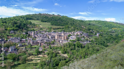 View of a valley with forest and hills near Conques, Aveyron, France