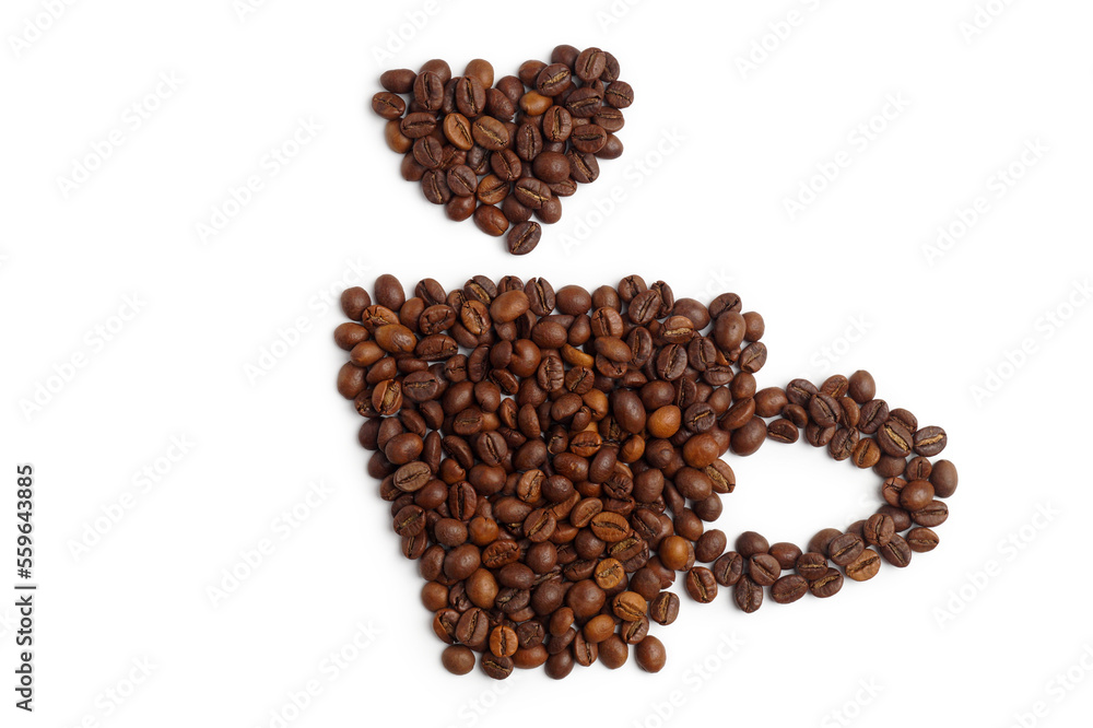 Cup of hot drink, composition made with coffee beans isolated on white, top view Cup of hot drink, composition made with coffee beans isolated on white, top view