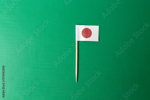 Free Download Small paper flag of Japan on green background, top view. Space for text - GFXLoad