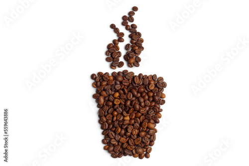 Cup of hot drink, composition made with coffee beans isolated on white, top view