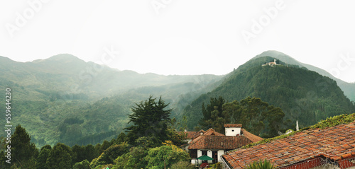 Beautiful View from Montserrat in Bogota. Montserrate hill, Church on background - Bogota, Colombia.