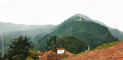 Beautiful View from Montserrat in Bogota. Montserrate hill, Church on background - Bogota, Colombia.