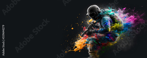 A tactical suit and color bombs for a war game, banner. Generative AI photo