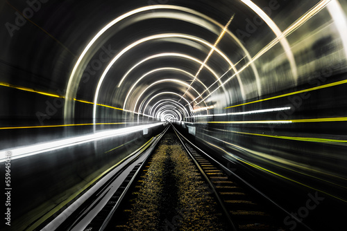 High speed subway travel underground with yellow and white light trails. Train in motion