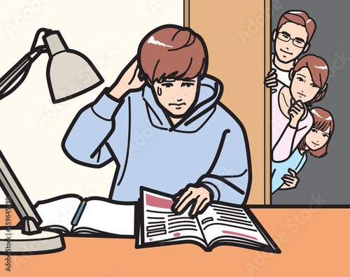 勉強する男子を見守る家族、気になる母