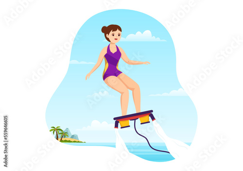 Flyboard Illustration with People Riding Jet Pack in Summer Beach Vacations in Flat Extreme Water Sport Activity Cartoon Hand Drawn Templates