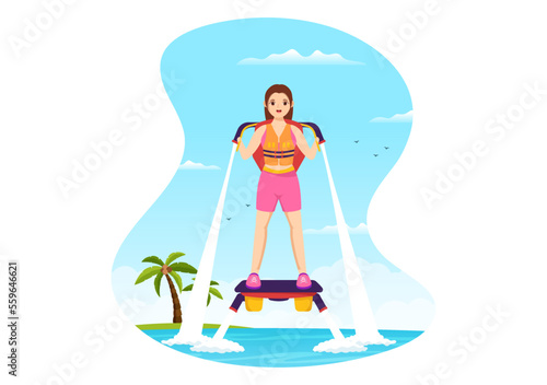 Flyboard Illustration with People Riding Jet Pack in Summer Beach Vacations in Flat Extreme Water Sport Activity Cartoon Hand Drawn Templates