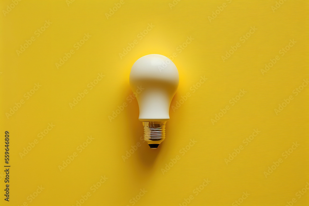 Yellow light bulb on yellow background. Top view. Minimal concept. Copy space. Generative AI Yellow light bulb on yellow background. Top view. Minimal concept. Copy space. Generative AI