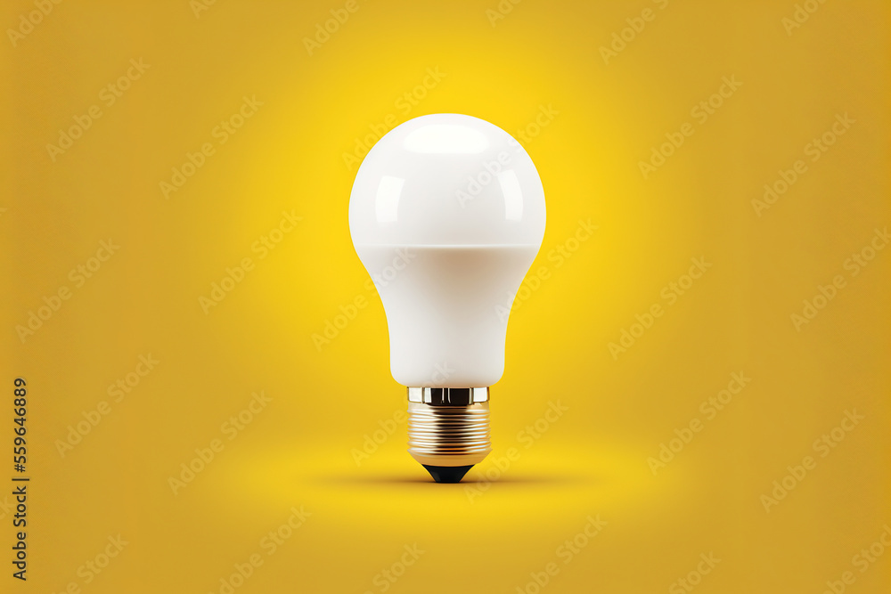 Yellow light bulb on yellow background. Front view. Minimal concept. Copy space. Generative AI Yellow light bulb on yellow background. Front view. Minimal concept. Copy space. Generative AI