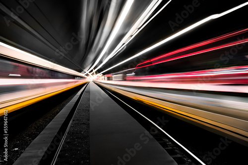 Futuristic view of two high speed trains in a tunnel either side of the platform. Light trails long exposure. High speed