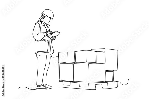 Continuous one line drawing Professional woman checking boxes using a digital tablet. Cargo Concept. Single line draw design vector graphic illustration.