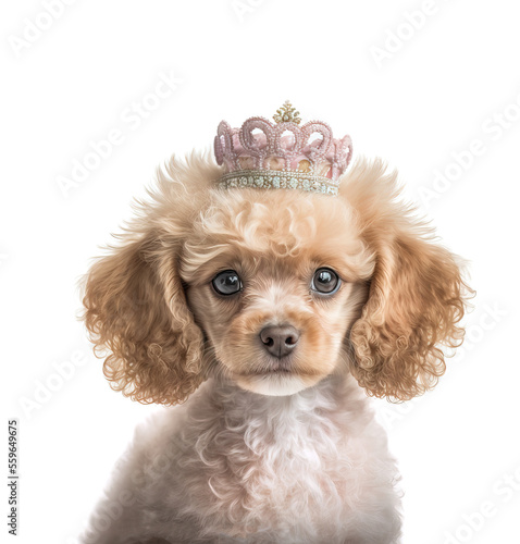 Cute little apricot toy poodle puppy with a little pink princess crown on a white background. This is a small pet dog. Image was created by ai digital art