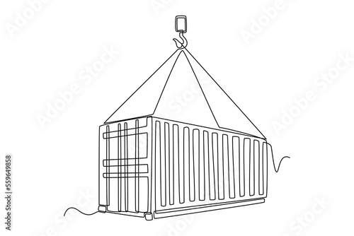 Continuous one line drawing crane lifting up container loading at port. Cargo Concept. Single line draw design vector graphic illustration. © Sell Vector