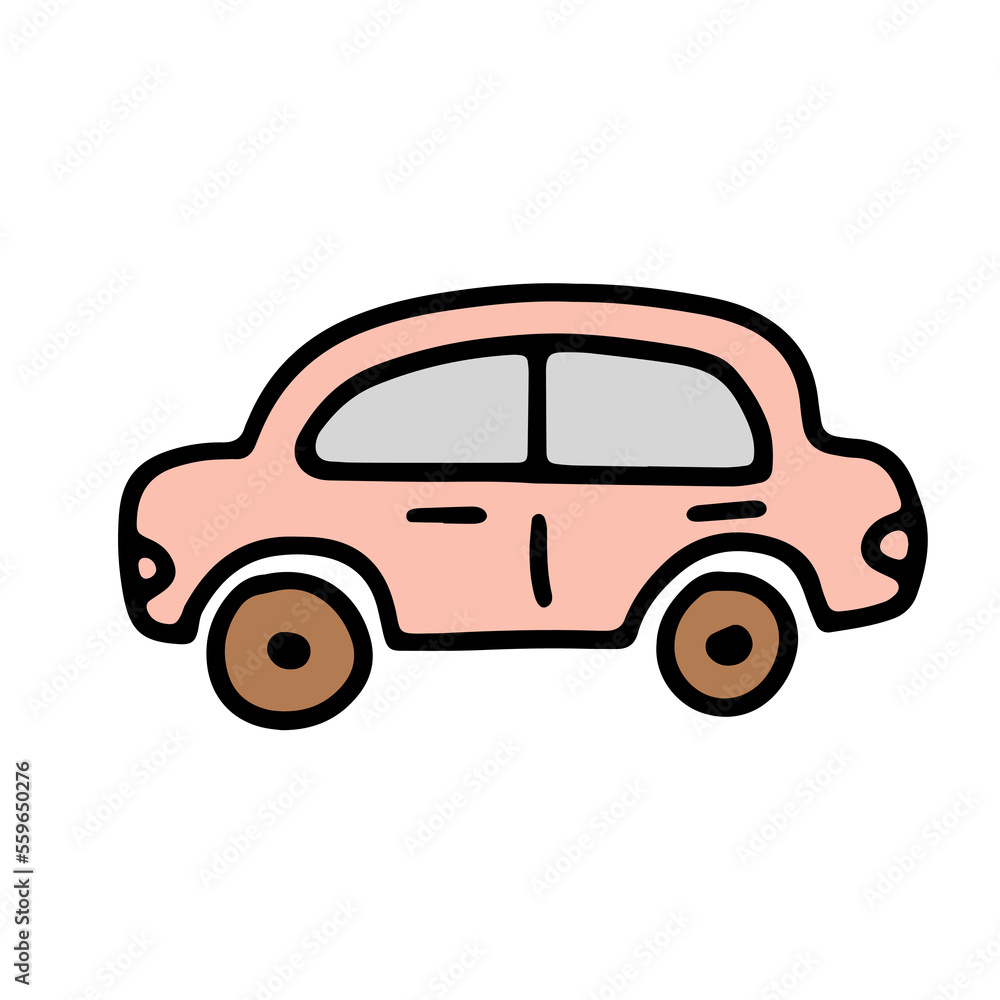 Doodle car. Funny sketch scribble style. Hand drawn toy car vector illustration