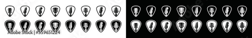 Guitar headstocks in guitar picks icon set. Guitar headstocks and guitar pick shapes. Guitar necks or head symbol silhouette for apps or websites, vector illustration