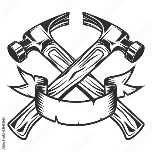 Builder crossed hammers from new construction and remodeling house business with ribbon in monochrome vintage style illustration