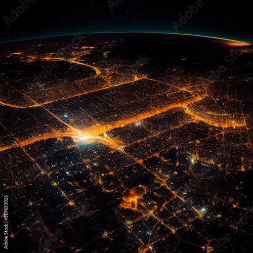 Earth Night City Lights View from Plane. Generative AI.