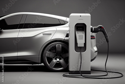 EV car with Electric charging station charger background. Technology and transportation concept. Generative AI